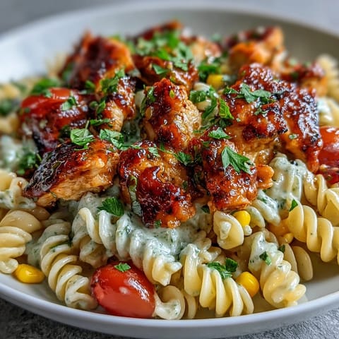 Garnished with chives, Honey BBQ Chicken Pasta Salad shines in a white bowl beside a summer picnic table.
