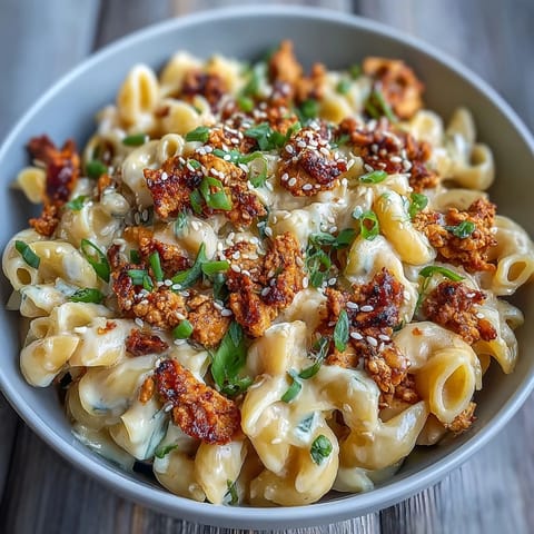 Golden mac and cheese with spicy gochujang turkey and sesame seeds.