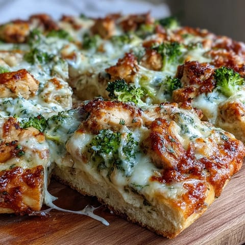 Sliced Garlic Parmesan Chicken & Broccoli Pizza showing creamy white sauce, tender chicken, and crisp broccoli pieces.