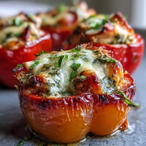 Golden-brown Pesto Chicken Stuffed Sweet Peppers topped with melted mozzarella on a baking sheet.