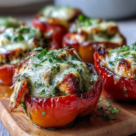 Freshly baked Pesto Chicken Stuffed Sweet Peppers with basil garnish, perfect for party appetizers.