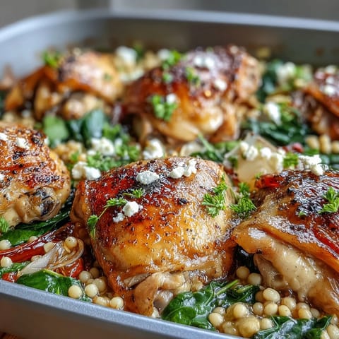 Creamy Greek Chicken & Pearl Couscous Bake showcases golden chicken thighs atop a bubbling, lemony spinach and feta mixture.