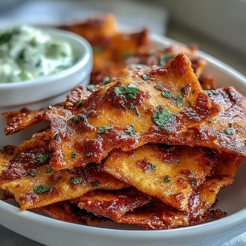 Golden-baked Spicy Chili Crisp Garlic Naan Chips arranged in a fan beside a small bowl of creamy Asian cucumber dip, garnished with fresh cilantro and chives.