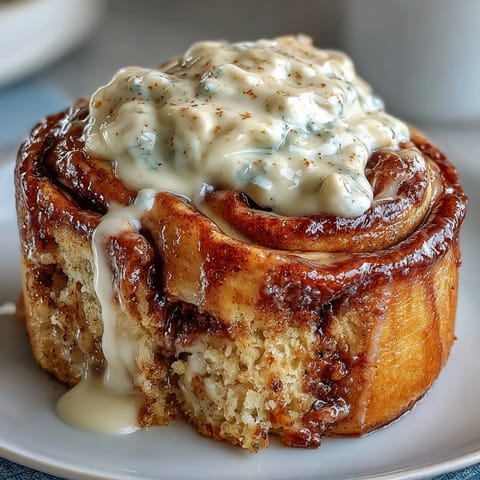 The High-Protein Cinnamon Roll Mug Cake sits in a ceramic mug, a warm dessert with a moist crumb and tangy frosting.