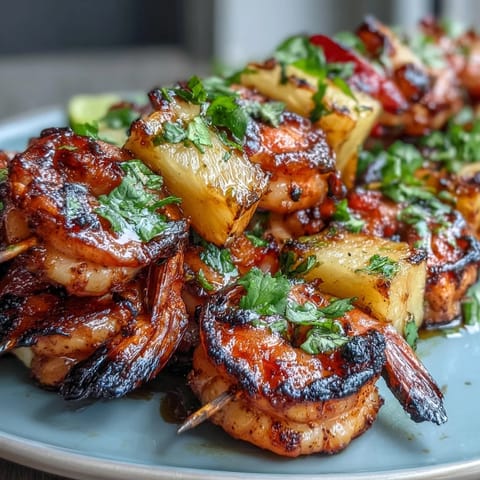 Vibrant grilled shrimp and pineapple skewers with cilantro lime, showcasing smoky flavors and fresh, zesty marinade in every bite.  