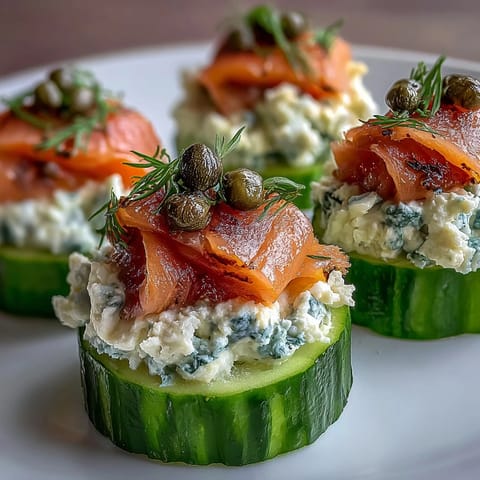 Elegant low-carb appetizer featuring cucumber rounds topped with creamy cheese, smoked salmon, and capers for a refreshing bite.