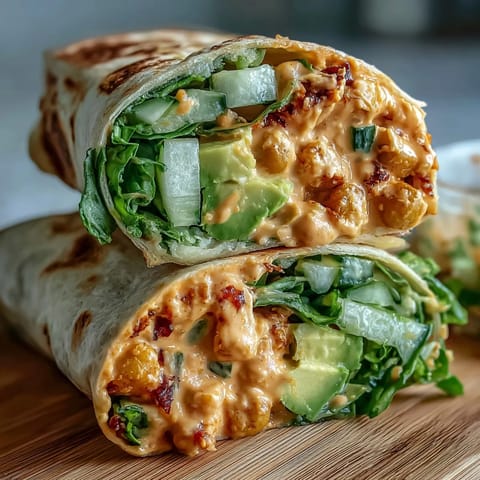 Spicy vegan buffalo chickpea salad wraps with creamy buffalo sauce, crunchy veggies, and soft tortillas—perfect for a quick lunch.