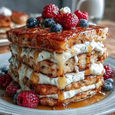 Golden pancakes bursting with juicy berries, served with creamy Greek yogurt for a protein-rich start.  