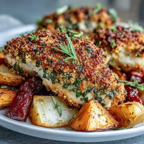 Aromatic herb-crusted chicken breasts with tender root vegetables, roasted to golden perfection for a satisfying, healthy dinner.  