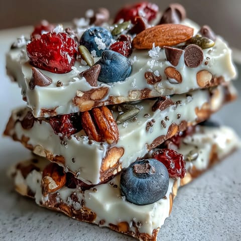 Creamy Greek yogurt bark topped with fresh berries and crunchy seeds for a protein-rich breakfast treat.  