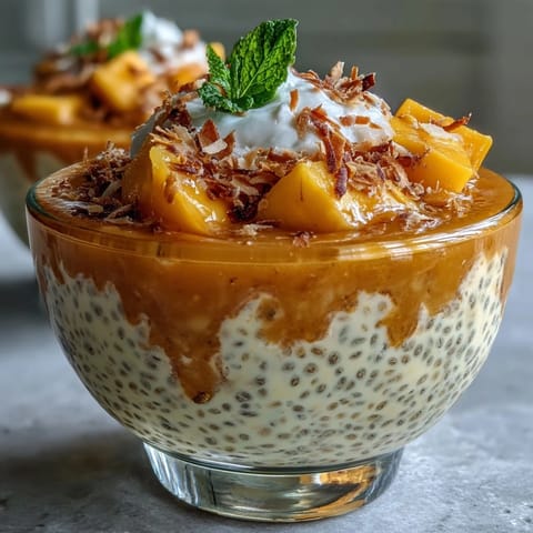 Creamy vegan chia pudding cups layered with luscious mango purée and rich coconut milk, inspired by mango sago and bursting with tropical flavor.