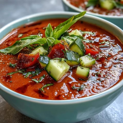 Vibrant summer gazpacho blending ripe tomatoes, cucumber, and bell pepper, served cold with diced vegetable garnish.