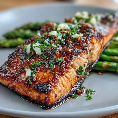 Crispy skin salmon fillet served over lemon garlic asparagus, perfect for a healthy keto dinner.  