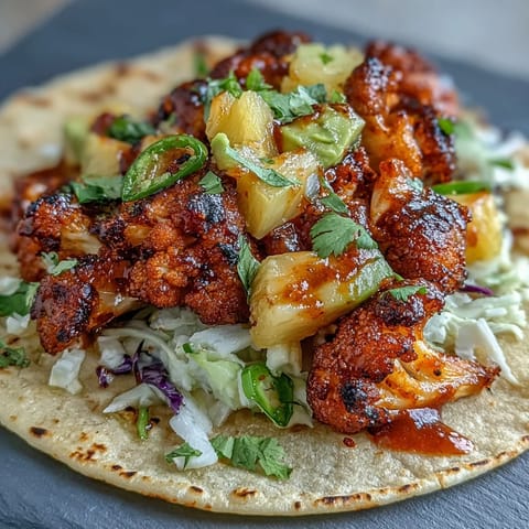 Crispy roasted cauliflower in tangy BBQ sauce, nestled in corn tortillas with zesty pineapple salsa and crunchy cabbage.  