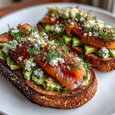 Fluffy almond flour keto bread slices layered with mashed avocado and silky smoked salmon, finished with zesty everything seasoning.  