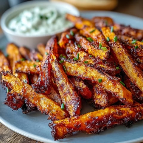 Golden sweet potato fries cooked in the air fryer, paired with a rich, savory onion dip—ideal for dipping or as a flavorful side.  