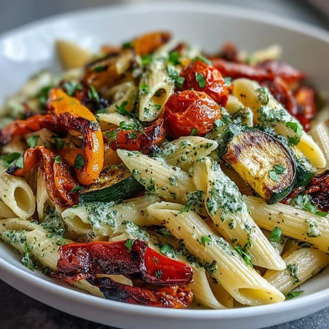 Vibrant roasted veggie and pesto pasta with cherry tomatoes, tossed in creamy basil pesto and topped with Parmesan.  