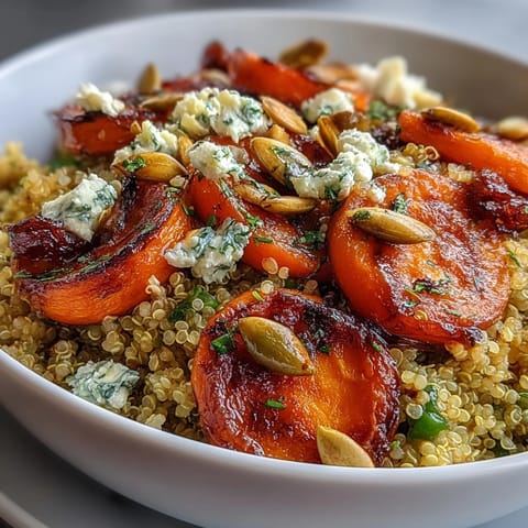 Nutritious quinoa bowl topped with caramelized carrots, vibrant peas, and a zesty lemon Dijon dressing for a satisfying meal.  