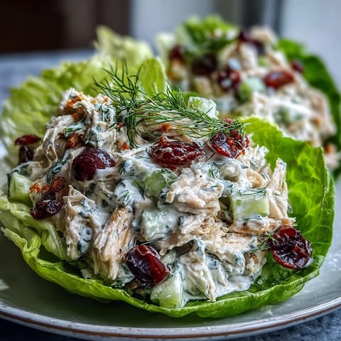 Creamy Greek yogurt chicken salad with red grapes and celery, spooned into romaine lettuce wraps for a light, protein-rich lunch.  