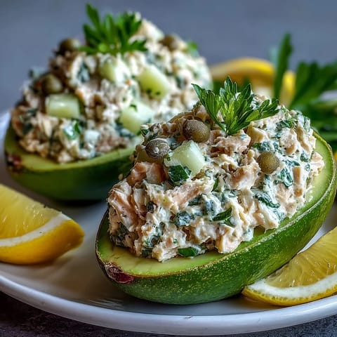 Creamy avocado halves stuffed with zesty chickpea tuna salad, a fresh vegan twist on a classic lunch.  