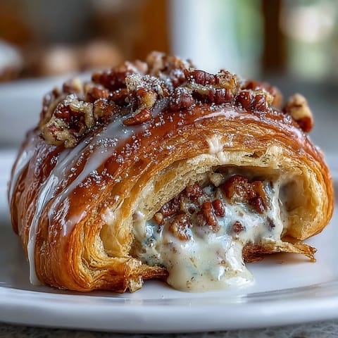 Flaky croissants baked with rich pecan filling, topped with purple, green, and gold sugar for a Mardi Gras-inspired treat.  