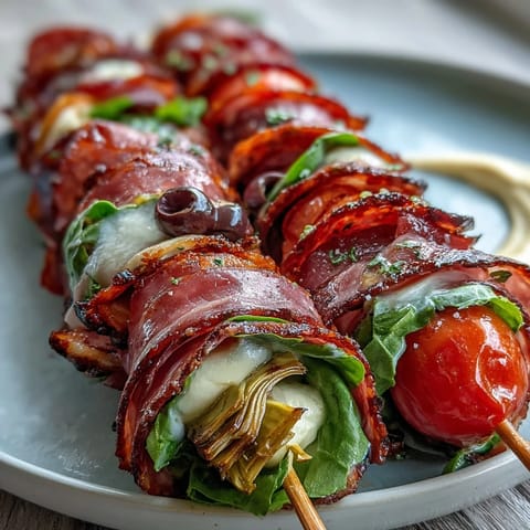 Picnic-ready Italian sub skewers with homemade aioli, featuring layers of salami, cheese, and veggies on sticks for easy outdoor dining.