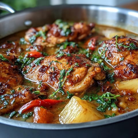Creamy one-pot chicken pineapple coconut curry with tender chicken, sweet pineapple, and vibrant bell peppers in a fragrant coconut broth.