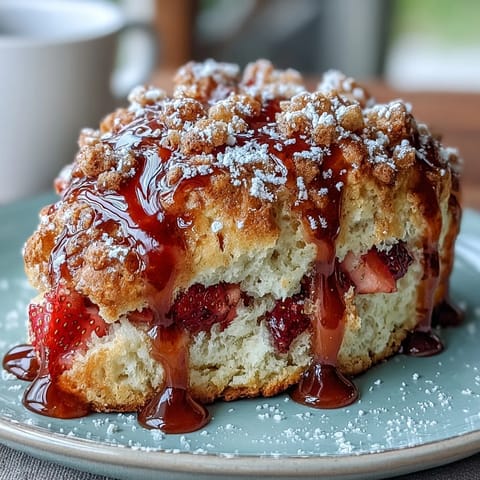 Golden lemon glazed strawberry scones topped with fresh berries and a drizzle of zesty icing on a rustic baking tray.  