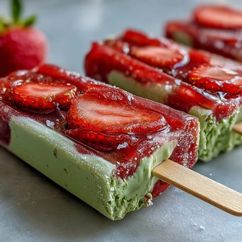 Creamy strawberry matcha latte popsicles with vibrant red and green layers, perfect for a refreshing summer treat.
