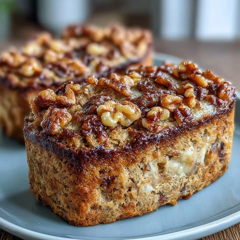 High-protein banana bread baked oats in a square dish, topped with sliced bananas and chopped walnuts, ready to serve warm.