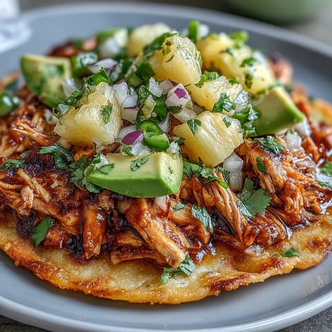 Crispy tostadas layered with juicy shredded chicken, zesty pineapple salsa, and creamy avocado slices for a vibrant meal.  