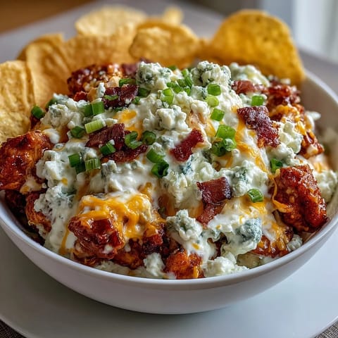 Creamy high-protein cottage cheese Buffalo chicken dip with shredded chicken, cheddar, and spicy Buffalo sauce, served warm with crunchy veggies.  