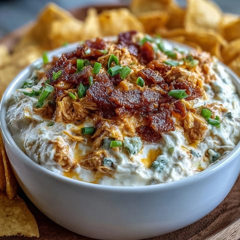 High-protein cottage cheese Buffalo chicken dip baked until bubbly and topped with green onions and blue cheese crumbles for a party favorite.  