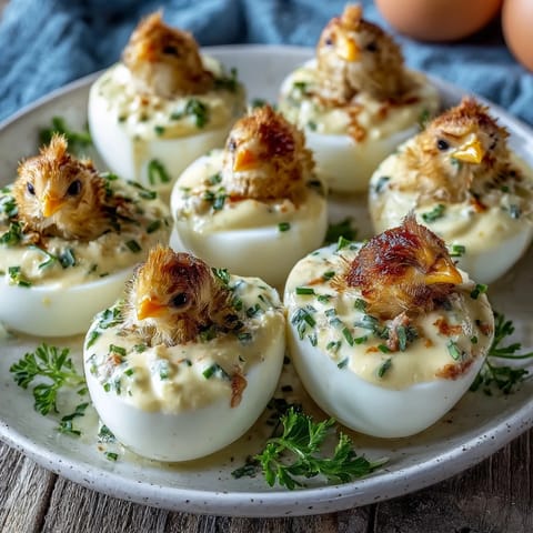 Adorable deviled egg chicks with carrot beaks and peppercorn eyes, perfect for Easter appetizer platters.