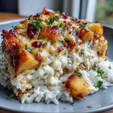 Golden pineapple chicken and rice casserole topped with melted cheddar cheese, baked until bubbly and savory.