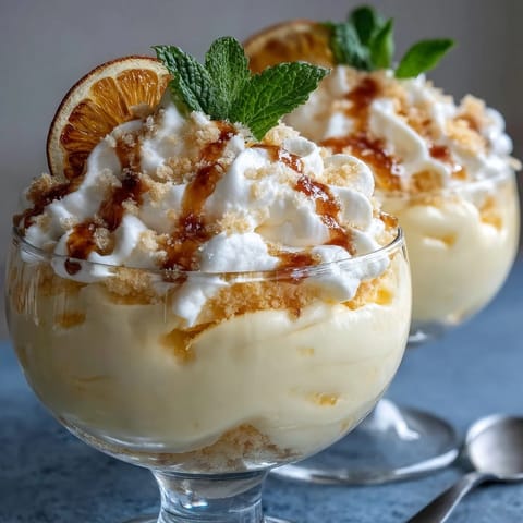 Creamy lemon mousse cups with buttery shortbread crumble, garnished with fresh berries and mint for a bright spring dessert.
