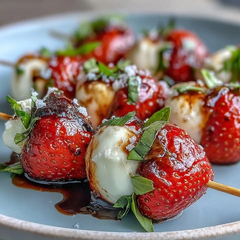 Strawberry Caprese Skewers with Balsamic Drizzle: Colorful skewers of strawberries, mozzarella, and basil drizzled with tangy balsamic glaze.  