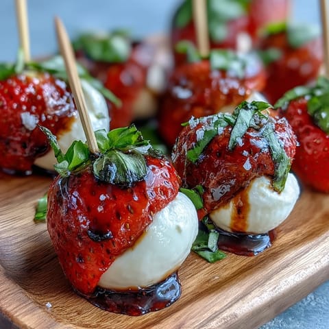 Fresh Strawberry Caprese Skewers with Balsamic Drizzle: Juicy strawberries and creamy mozzarella paired with basil, finished with a sweet balsamic reduction.  