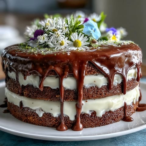 Vibrant Spring Floral Drip Cake with Lemon Frosting, showcasing soft vanilla layers, zesty lemon frosting, and a pastel white chocolate drip adorned with edible flowers.