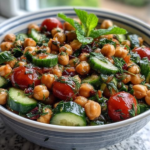 Healthy Easy Cucumber Chickpea Salad with Lemon Vinaigrette, featuring crisp cucumbers, protein-rich chickpeas, and bright citrus dressing.
