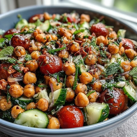 Vibrant Cucumber Chickpea Salad with Lemon Vinaigrette, a refreshing vegetarian dish with fresh herbs and juicy tomatoes.