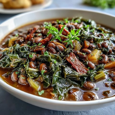 A steaming bowl of Soul Food Black-Eyed Pea and Collard Green Stew, rich with smoky spices and tender vegetables.
