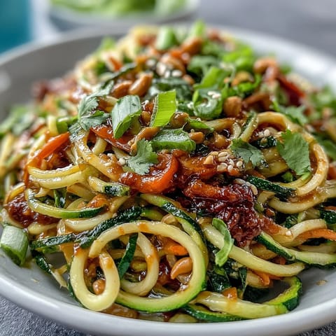Colorful spiralized zucchini and veggies tossed in tangy peanut sauce, perfect for a light lunch or dinner.