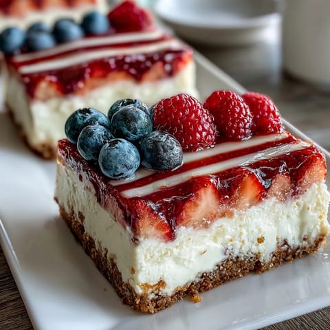 Festive Fourth of July No-Bake Cheesecake Flag Cake with fresh blueberries and strawberries arranged in patriotic stripes.