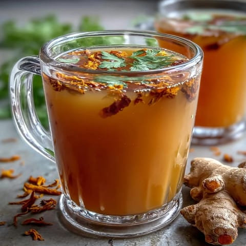 Warm cup of dandelion root tea with ginger and turmeric, golden in color, served with a lemon wedge and cinnamon stick.