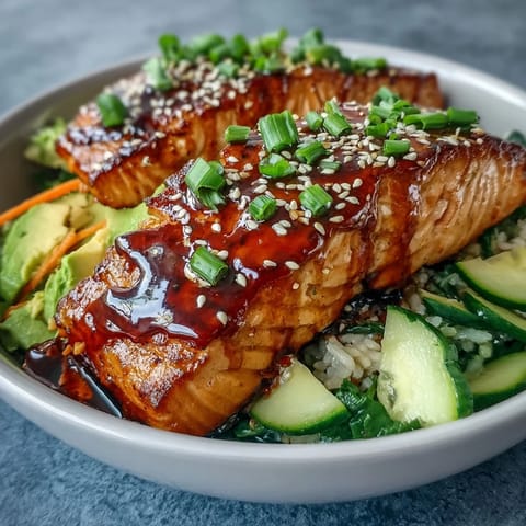 A vibrant teriyaki salmon bowl with glazed salmon, fresh cucumber, avocado, and sesame seeds on jasmine rice.