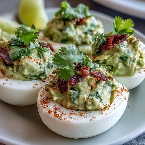 Guacamole Stuffed Deviled Eggs with creamy avocado filling and fresh cilantro garnish on a white platter.  
