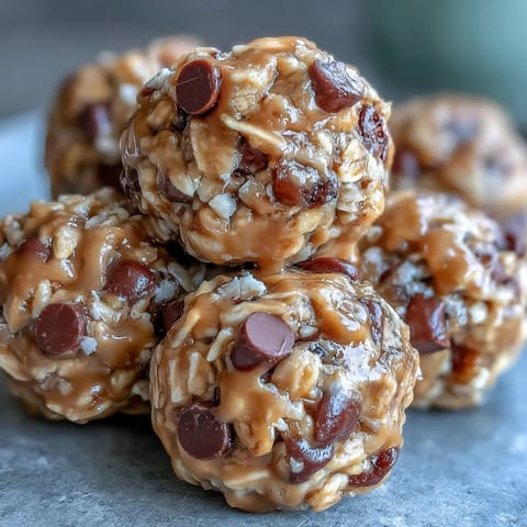 Easy No-Bake Oat Bites with Peanut Butter in a white bowl, showing golden oats and mini chocolate chips mixed with creamy peanut butter.