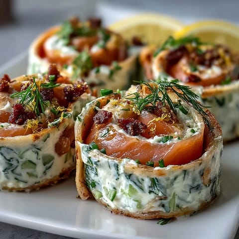 Smoked salmon and cucumber cream cheese pinwheels arranged on a white platter with fresh dill garnish.