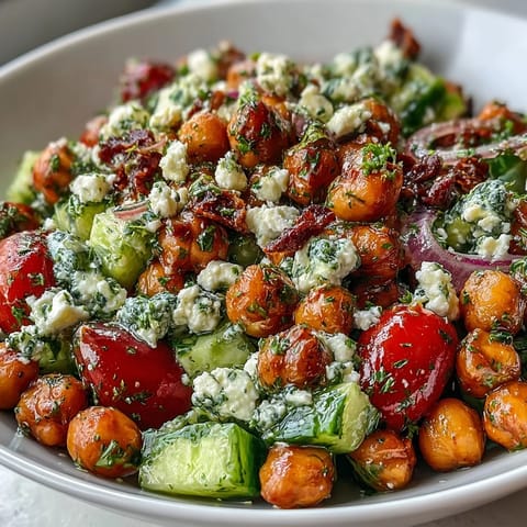 Cold chickpea salad with lemon herbs in a white bowl, fresh mint and parsley sprinkled over colorful vegetables.